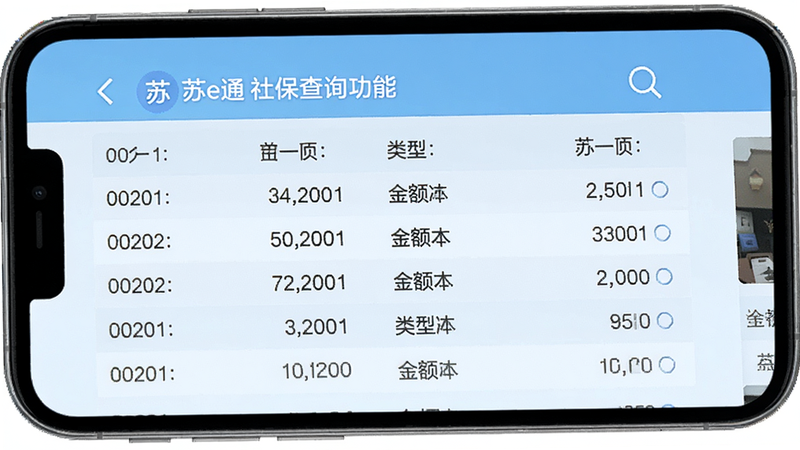 苏e通 社保查询功能界面,手机屏幕显示详细的缴费列表,包含月份、金额、类型等数据列,背景为浅蓝色,字体清晰,风格扁平化,高清,干净,无水印