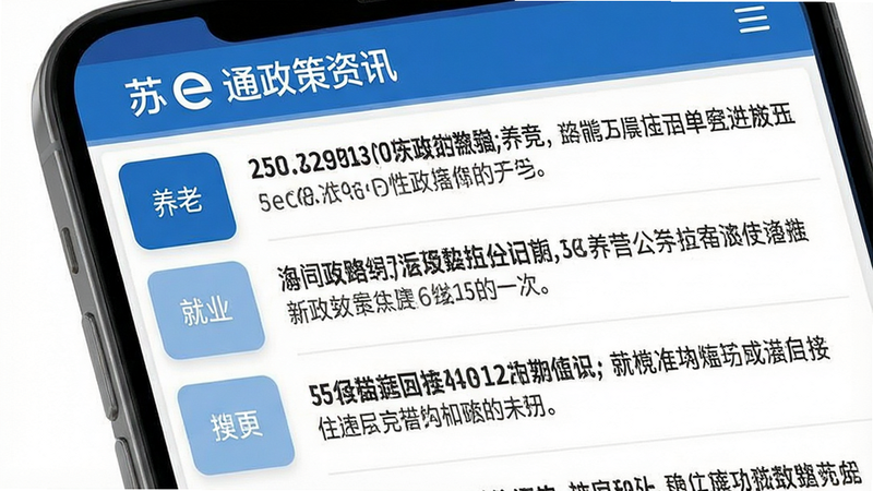 苏e通 政策资讯页面,手机屏幕显示列表式新闻标题,左侧有分类标签如“养老”、“就业”,右侧为摘要文字,排版整齐,风格专业,高清,无杂乱元素