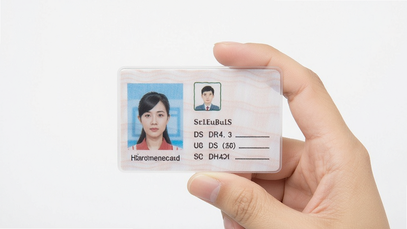 证件拍照示例图,展示手持身份证在白色背景前拍摄,光线均匀,无阴影,构图居中,风格清晰,高清,无背景杂物