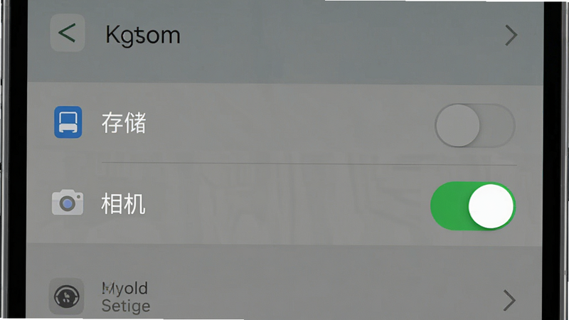 手机权限设置界面示意图,显示“存储”、“相机”权限开关处于开启状态,背景为系统设置菜单,风格简洁,高清,无无关图标