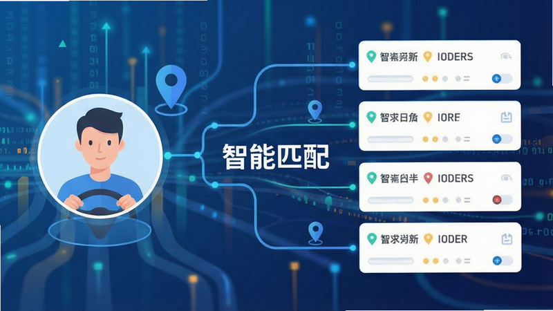 主体为智能匹配示意图,左侧为司机头像与位置标记,右侧为多个订单卡片,中间有连接线条表示匹配过程,背景为抽象数据流,文字标注“智能匹配”,风格现代扁平,细节精致,画质清晰,干净无多余元素