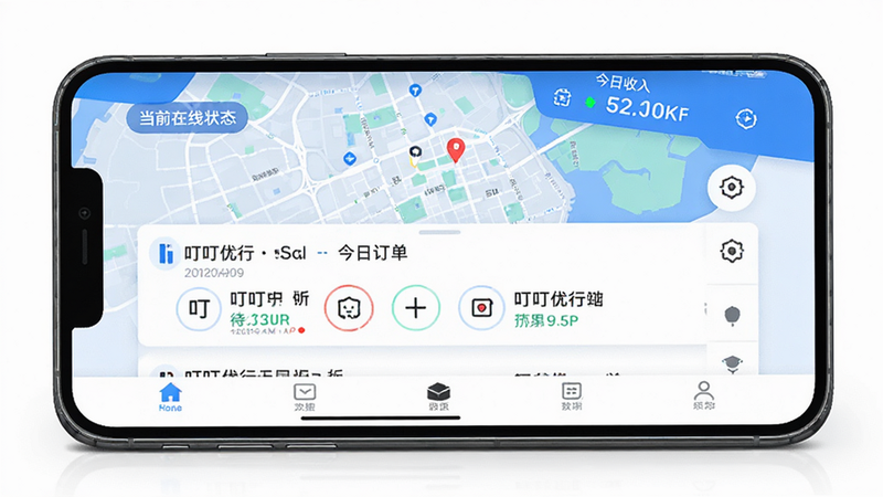 主体为手机屏幕界面,展示叮叮优行司机端的主页面布局,顶部显示当前在线状态与今日收入,中部为地图背景与待接订单列表,底部为导航栏,整体风格为蓝白科技风,细节清晰,画质高清,干净无多余元素