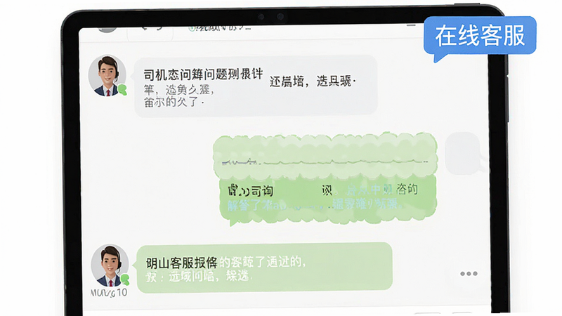 主体为客服聊天界面,显示司机与客服的对话记录,包含问题咨询与解答,文字标注“在线客服”,风格友好专业,细节完整,画质清晰,干净无多余元素