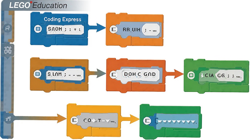 展示LEGO Education Coding Express的可视化编程界面,主体为多个彩色代码块通过箭头连接,布局呈流程图状,风格扁平化,细节显示代码块上的图标与文字,画质清晰,干净,无多余元素
