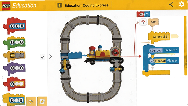主体为LEGO Education Coding Express安卓应用界面,布局分为左侧积木库、中间轨道编辑区、右侧代码逻辑区,排版整洁清晰,风格为乐高品牌特有的红黄蓝配色,细节展示积木拼接与代码块连接,画质高清,干净,无多余元素