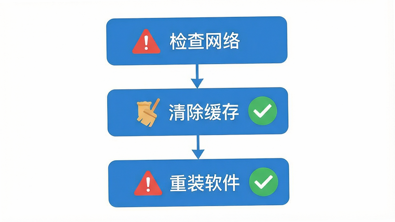 主体为手机故障排查流程图,布局纵向排列,包含“检查网络”、“清除缓存”、“重装软件”三个主要节点,排版简洁明了,风格扁平化,细节包含红色警告图标与绿色成功图标,画质清晰,干净,无多余元素