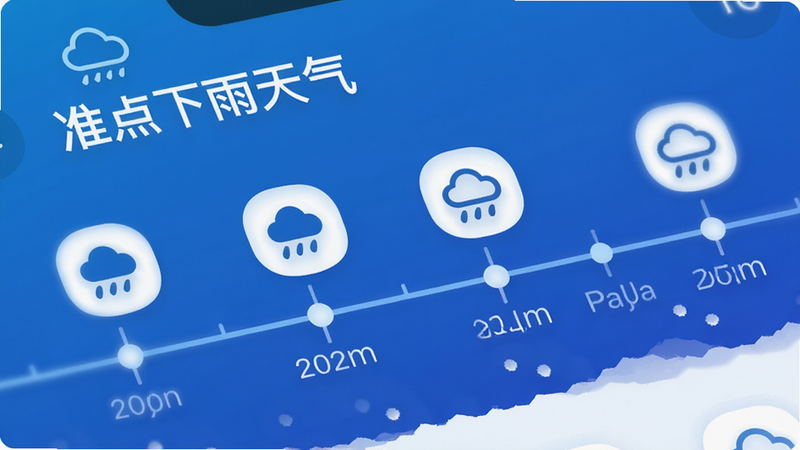 主体为“准点下雨天气”App的降雨时间轴界面特写,布局横向排列时间轴,每个时间点标注降雨强度图标(小雨、中雨、大雨),排版紧凑且信息密度高,风格科技感,细节包含蓝色渐变背景与白色文字,画质清晰,干净,无多余元素