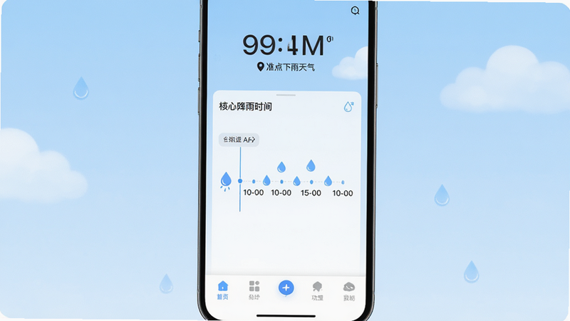 主体为手机屏幕显示“准点下雨天气”App界面,背景为淡蓝色天空与少量云朵,布局清晰,顶部显示当前时间与地点,中部为核心降雨时间轴,底部为功能导航栏,风格简洁现代,细节包含水滴图标与时间刻度,画质高清,干净,无多余元素