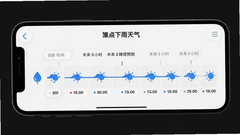 主体为“准点下雨天气”App的降雨时间轴界面,布局横向,突出显示当前时间及未来3小时降雨预测,排版清晰,风格简约,细节包含蓝色雨滴图标与白色时间标签,画质高清,干净,无多余元素