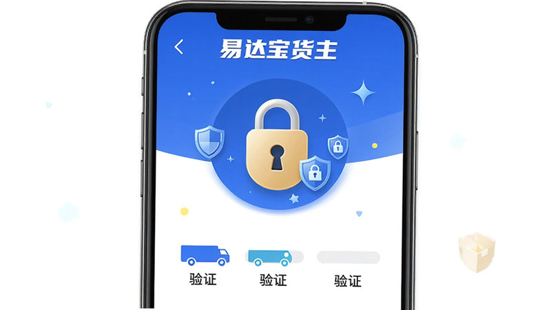主体为易达宝货主APP的安全认证界面,布局居中显示锁形图标与验证步骤,风格专业可信,细节包含盾牌防护符号与数据加密标识,画质高清,干净,无多余元素,软件名称