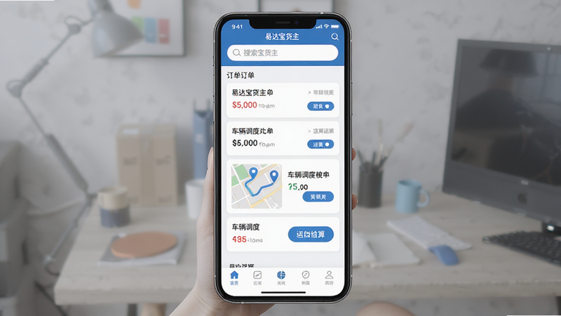 主体为易达宝货主APP的移动端界面展示,布局清晰,顶部为搜索栏,中部为订单列表与车辆调度模块,底部为导航栏,风格为现代商务扁平化设计,细节包含地图轨迹图标与运费结算按钮,画质高清,干净,无多余元素,软件名称