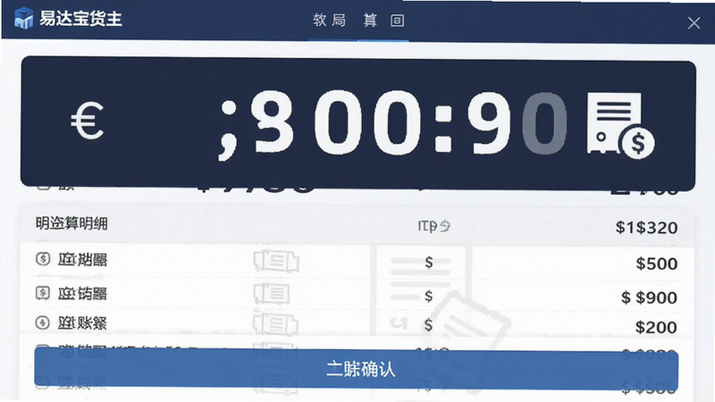 主体为运费结算页面,布局上方为金额大字显示,下方为明细列表与确认按钮,风格商务稳重,细节包含货币符号与账单图标,画质高清,干净,无多余元素,软件名称