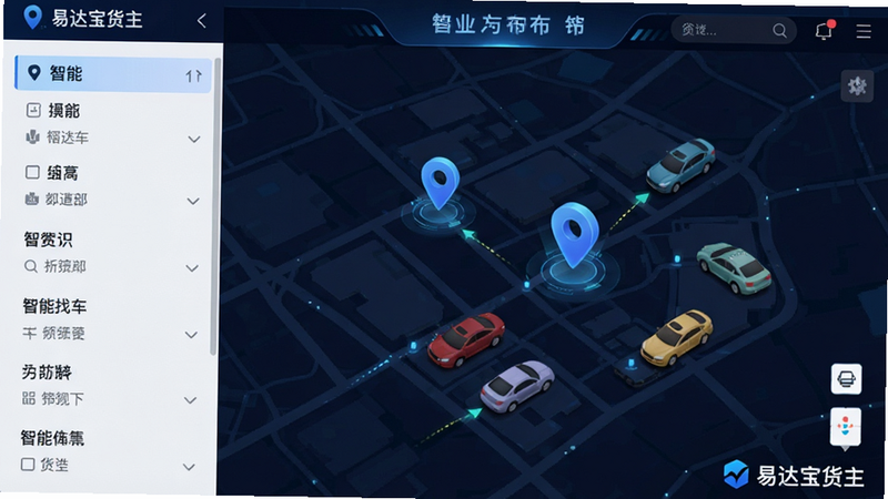 主体为智能找车功能界面,布局左侧为筛选条件列表,右侧为地图可视化车辆分布图,风格科技感强,细节包含定位图标与车辆模型,画质高清,干净,无多余元素,软件名称