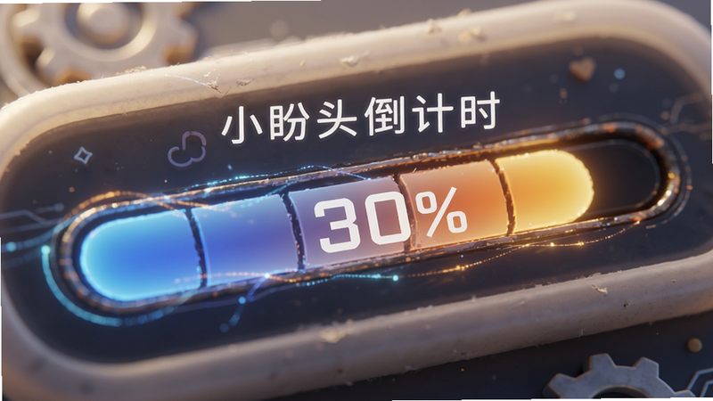 主体为进度条特写,显示百分比数字,布局居中,排版简洁,风格科技感与温馨结合,细节包含光影效果和颜色渐变,画质高清,干净,无多余元素,文字包含“小盼头倒计时”