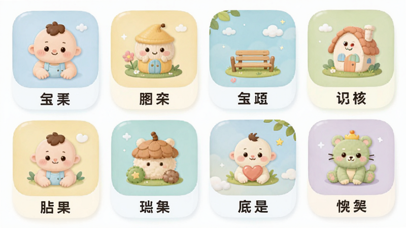 主体是宝宝看图识字软件的课程选择页面,布局为网格状展示不同主题的图标,排版整齐有序,风格为柔和的马卡龙色系,细节显示每个图标下方有对应的汉字标签,画质清晰,干净,无多余元素