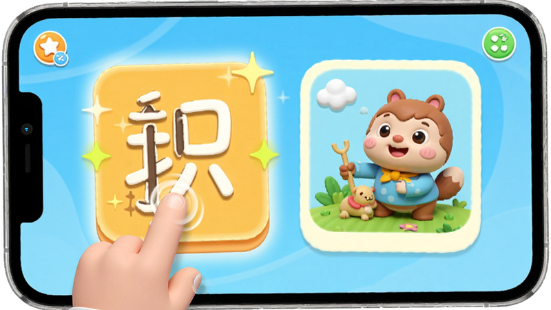 主体是宝宝看图识字软件内的互动学习界面,布局展示一个正在闪烁的汉字卡片与对应的动画插图,排版居中突出,风格为3D卡通渲染,细节展示手指点击互动的动态效果,画质细腻,干净,无多余元素