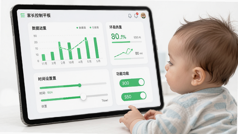 主体是宝宝看图识字软件中的家长控制面板,布局包含数据图表、时间设置滑块与功能开关按钮,排版逻辑清晰,风格为简约科技风,细节显示绿色的进度条与统计数字,画质锐利,干净,无多余元素