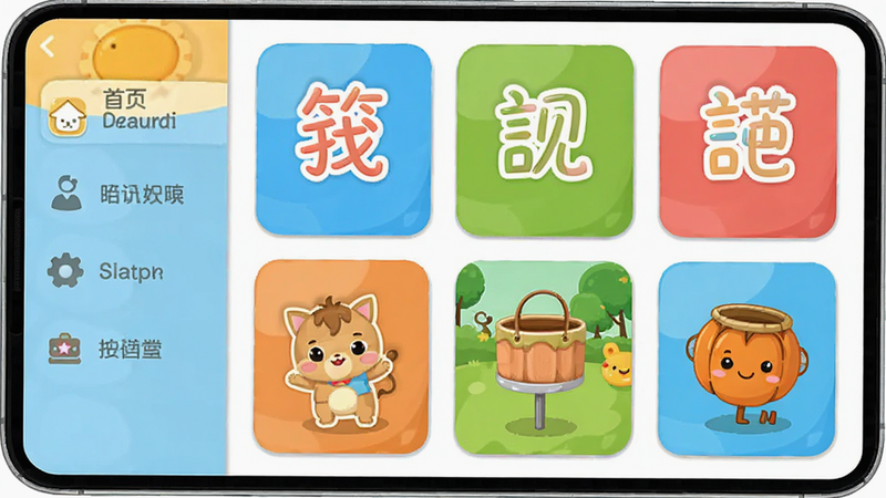 主体是宝宝看图识字安卓应用的主界面,布局采用左侧导航栏加右侧内容区排版,风格为扁平化卡通设计,细节包含色彩鲜艳的汉字卡片与对应的实物插图,画质高清,干净,无多余元素