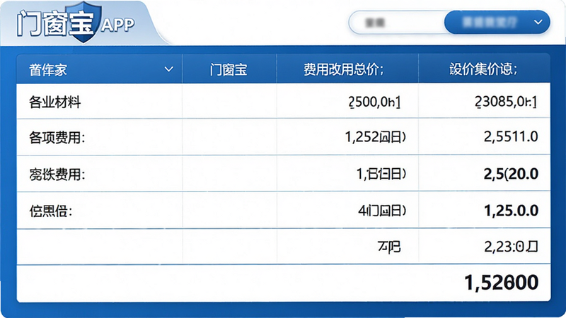 “门窗宝”APP的报价单生成界面,表格形式列出各项材料费用与总价,数字清晰可见,界面配色为商务蓝白,布局规整,排版紧凑,风格简约专业,细节清晰,画质高清,干净,无多余元素