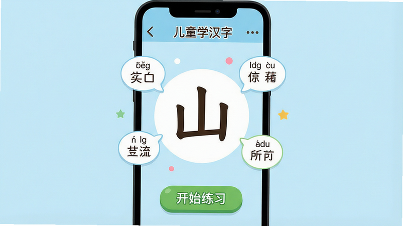 一张扁平化设计风格的手机应用界面展示图,主体为“儿童学汉字”APP的核心学习页面,背景为柔和的淡蓝色,屏幕中央显示一个大号汉字“山”,周围环绕着拼音和组词气泡,底部有绿色的“开始练习”按钮,整体布局清晰,排版整洁,风格可爱卡通,细节丰富,画质高清,干净,无多余元素