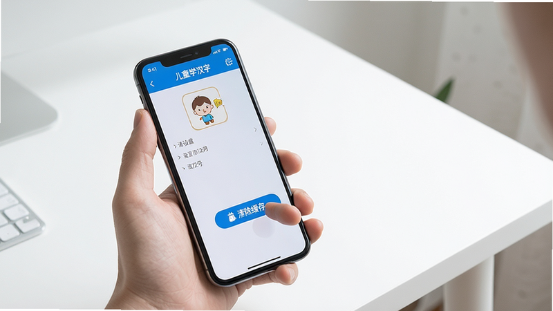 一张现代极简风格的手机使用场景图,主体为一只手握着智能手机,屏幕显示“儿童学汉字”APP的设置页面,手指正在点击“清除缓存”按钮,背景是干净的白色桌面,布局简洁,排版现代,风格专业,细节清晰,画质高,干净,无多余元素