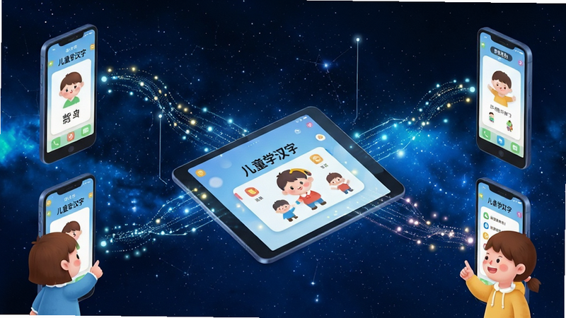 一张科技感与童趣结合的概念图,主体是多个手机和平板设备屏幕联动,显示“儿童学汉字”APP的不同界面,数据流以光点形式连接,背景为深蓝色星空,布局具有未来感,排版有序,风格创新,细节丰富,画质超清,干净,无多余元素