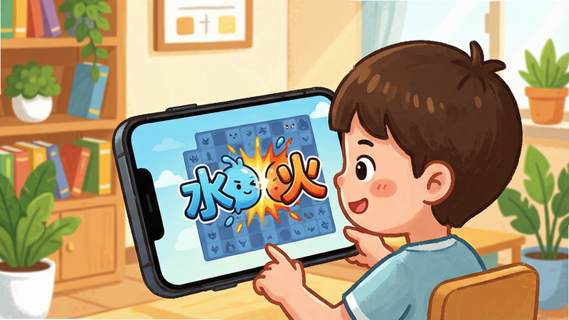 一张游戏化学习场景的插画风格图片,画面中心是一个卡通小孩正在手机上玩“消消乐”游戏,手机屏幕上显示着汉字“水”和“火”的卡通形象正在碰撞,背景是明亮的教室一角,有书架和绿植,布局活泼,排版自然,风格温馨童趣,细节精致,画质清晰,干净,无多余元素
