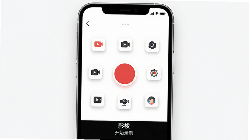 一张展示影梭APP主界面的手机屏幕截图,主体是干净的白色背景,中间有一个红色的圆形录制按钮,周围环绕着简洁的图标,布局居中对称,排版清晰,风格为现代扁平化UI设计,细节处有柔和的阴影,画质高清,干净,无多余元素,文字显示