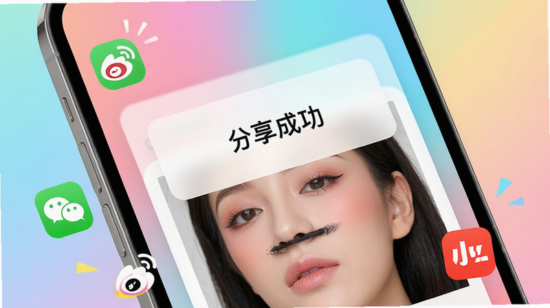 手机屏幕特写,显示“分享成功”的弹窗界面,下方是生成的妆容效果图,周围有社交媒体图标(微信、微博、小红书),背景为柔和的渐变色,风格活泼,色彩明亮,细节清晰,无杂乱文字,高质量渲染