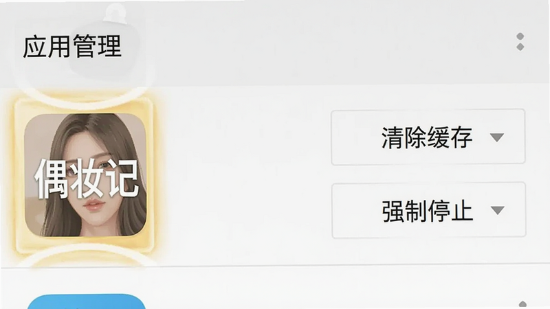手机设置界面截图,显示“应用管理”列表,偶妆记图标高亮显示,右侧有“清除缓存”和“强制停止”按钮,背景为标准的安卓系统风格,简洁清晰,无其他干扰图标,高清UI设计,文字清晰可读