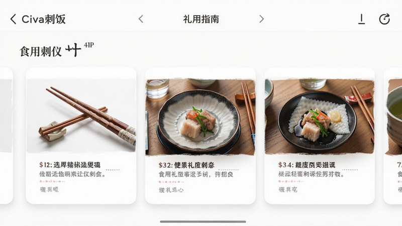 展示“Civa刺饭”APP内的“礼仪指南”页面,主体为图文结合的步骤展示,布局为横向滑动卡片,风格日式简约,细节处有筷子与餐具特写,画质高清,干净,文字显示