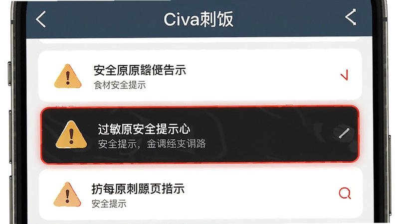 展示“Civa刺饭”APP内的食材安全提示页面,主体为列表界面,高亮显示过敏原警告图标,布局紧凑,风格严谨专业,细节处有红色警示标识,画质清晰,干净,文字显示