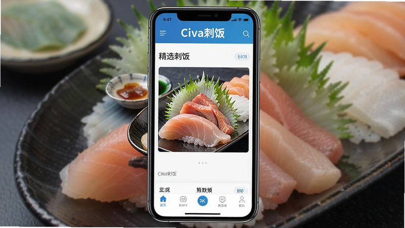 一张展示“Civa刺饭”APP主界面的高清手机屏幕截图,主体为APP首页,布局清晰,顶部显示“Civa刺饭”Logo,中间是精选刺身料理大图,底部是导航栏,风格简约现代,色彩以清新蓝白为主,细节丰富,画质8K,干净无多余元素,文字显示