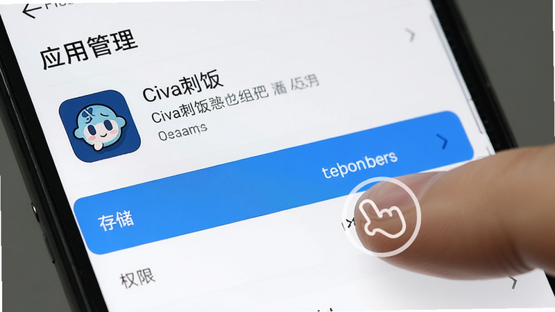 展示手机设置界面中“应用管理”页面,主体为“Civa刺饭”应用详情,布局清晰,高亮显示“存储”和“权限”选项,风格简洁,细节处有手指点击动作示意,画质高清,干净,文字显示