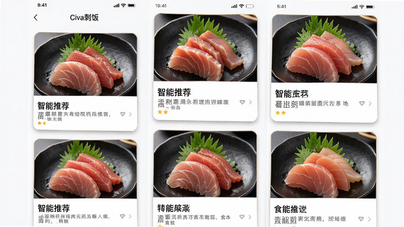 展示“Civa刺饭”APP内的食谱推荐列表界面,主体为垂直滚动的卡片式布局,每张卡片包含高清刺身图片和简短描述,排版整齐,风格清新,细节处有阴影效果,画质高清,干净,文字显示