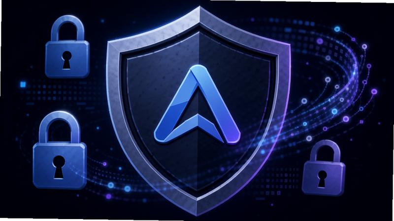 主体是一个盾牌形状的图标,中间嵌入AlphaBot的Logo,周围环绕着锁和数据流的抽象图形,布局紧凑,排版稳重,风格为深色背景下的科技蓝紫色调,细节处有安全光晕效果,画质高保真,干净,无多余元素