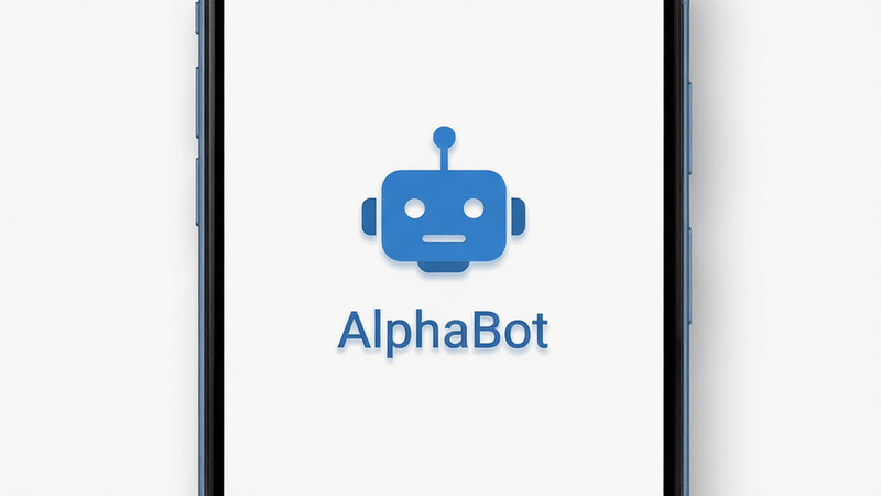 主体为一个现代化的安卓手机屏幕,屏幕上显示着AlphaBot应用的主界面,界面背景为干净的白色,中央有一个简约的蓝色机器人图标,下方显示“AlphaBot”字样,布局居中对称,排版整洁,风格为扁平化极简设计,细节处有柔和的阴影效果,画质高清,干净,无多余元素