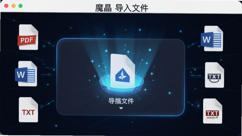 主体为‘魔晶’文件导入界面,布局展示一个拖拽区域,周围环绕着PDF、Word、TXT等文件图标,排版中心对称,风格为扁平化科技风,细节展示文件被吸入应用的光效,背景为纯白色,画质高清,干净无杂物,文字显示“魔晶 导入文件”,体现功能直观性
