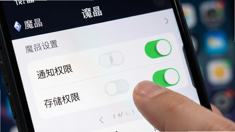 主体为‘魔晶’APP设置界面特写,布局聚焦于权限管理页面,高亮显示“通知权限”与“存储权限”开关,排版简洁,风格为iOS/Android通用UI设计,细节展示手指点击开关的动作,背景虚化,画质清晰,无其他干扰元素,文字标注“魔晶 设置”,体现操作便捷性