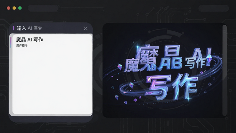 主体为‘魔晶’AI创作功能演示,布局左侧为输入框显示用户指令,右侧为生成的精美文案预览,排版清晰,风格为扁平化设计,细节展示文字生成的动态流光效果,背景为深灰色科技感界面,画质清晰,无多余装饰,文字包含“魔晶 AI 写作”,整体呈现高效智能的工作场景