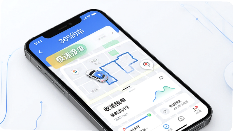 画面主体为365约车-车主极速版App的手机界面预览图,布局清晰,显示接单大厅、地图轨迹及收益统计模块。风格为现代简约科技风,细节丰富,展示车辆位置与订单状态,画质高清,干净无多余元素,主体文字包含