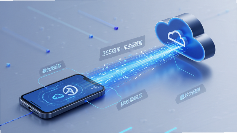 展示365约车-车主极速版后台数据流示意图,主体为高速数据传输光束连接手机与云端服务器,布局动态,风格科技感强,细节体现毫秒级响应,画质清晰,干净,无多余元素