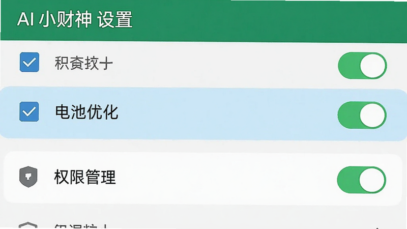 主体为手机设置界面截图,布局为列表式,高亮显示“电池优化”与“权限管理”选项,风格扁平化,细节包含勾选框与开关状态,文字包含