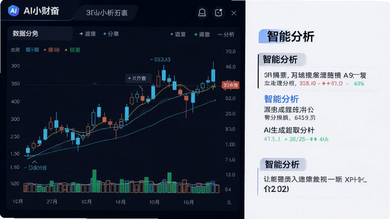 主体为AI小财神应用内的数据可视化界面,布局呈现左侧图表右侧文本,排版紧凑有序,风格科技感强,细节展示K线图与AI生成的分析摘要,文字包含