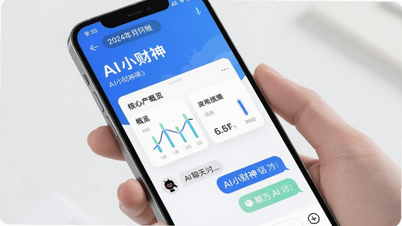 主体为手机屏幕展示AI小财神安卓应用界面,布局清晰,顶部显示日期与问候语,中部为核心资产概览卡片,底部为AI聊天对话区,风格现代简约,配色以蓝白为主,细节包含图表与文字气泡,画质高清,干净,无多余元素,文字包含