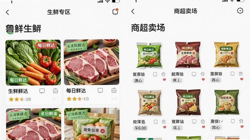 主体为鲁商生活APP内的“生鲜专区”与“商超卖场”界面截图,布局采用网格化商品展示,排版紧凑且分类明确,风格为清爽明亮的电商风格,细节展示新鲜蔬菜、肉类及包装食品的高清图片,画质细腻,色彩还原度高,无杂乱背景,文字标注“每日鲜达”等促销标签