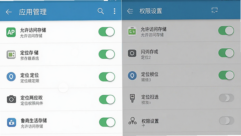 主体为安卓手机设置界面中“应用管理”与“权限设置”的模拟示意图,布局清晰展示鲁商生活APP的权限开关状态,排版为列表式,风格为系统原生UI风格,细节处可见存储、定位、相机等权限图标及开关状态,画质清晰,界面元素规范,无多余弹窗,文字标注“允许访问存储”