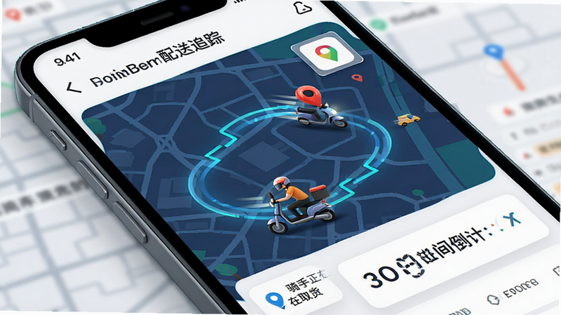 主体为鲁商生活APP的“配送追踪”页面示意图,布局包含地图轨迹、骑手位置图标及预计送达时间倒计时,排版逻辑清晰,风格为科技感与现代感结合,细节处可见骑手电动车图标动态轨迹,画质清晰,线条流畅,无多余干扰元素,文字显示“骑手正在取货”