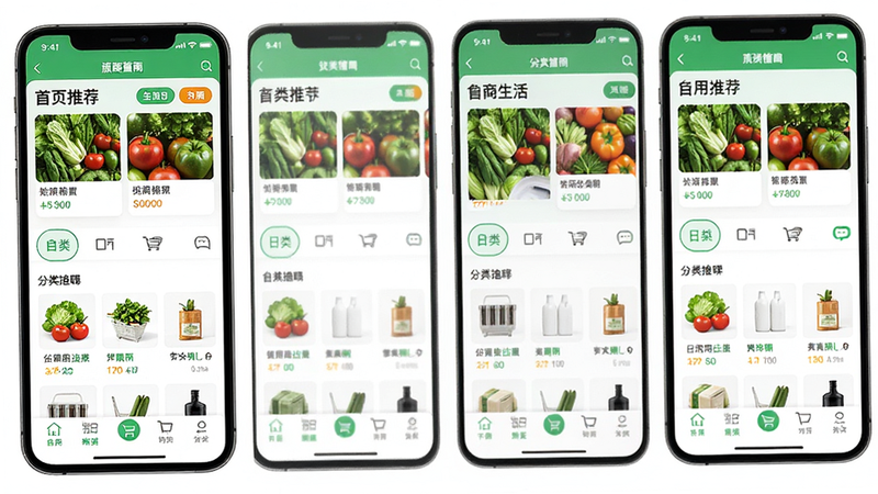 主体为鲁商生活APP的移动端界面全景图,布局清晰展示首页推荐、分类导航、购物车及底部菜单栏,排版整洁有序,风格为现代扁平化UI设计,细节处可见生鲜果蔬与日用百货的商品缩略图,画质高清,色彩鲜明干净,无多余装饰元素,文字标签清晰可读
