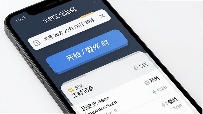 ����Ϊ�ֻ���Ļ���棬��ʾ��Сʱ���ǼӰࡱAPP��ҳ�����ּ�࣬����������ѡ�������в�Ϊ��Ŀ�Ŀ�ʼ/��ͣ��ʱ��ť���·��б�չʾ��ʷ��ʱ��¼�����Ϊ��ƽ������磬ϸ�����������ʸ��壬�ɾ��޶���Ԫ��